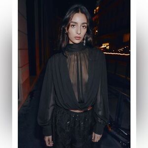 Zara Black Semi Sheer Draped Balloon Shirt Blouse